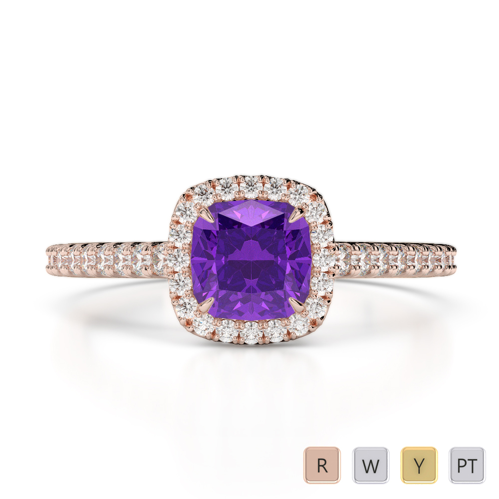 Gold / Platinum Round and Cushion Cut Amethyst and Diamond Engagement Ring AGDR-1212