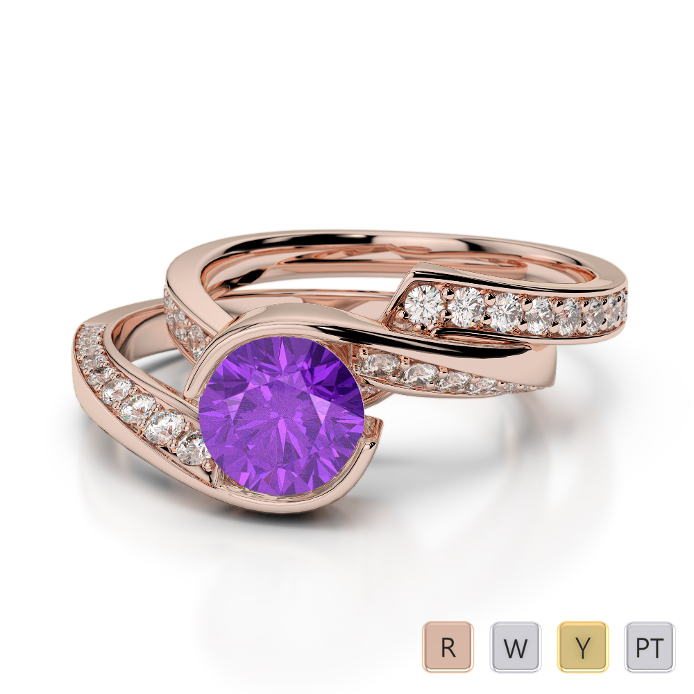 Gold / Platinum Round cut Amethyst and Diamond Bridal Set Ring AGDR-2019