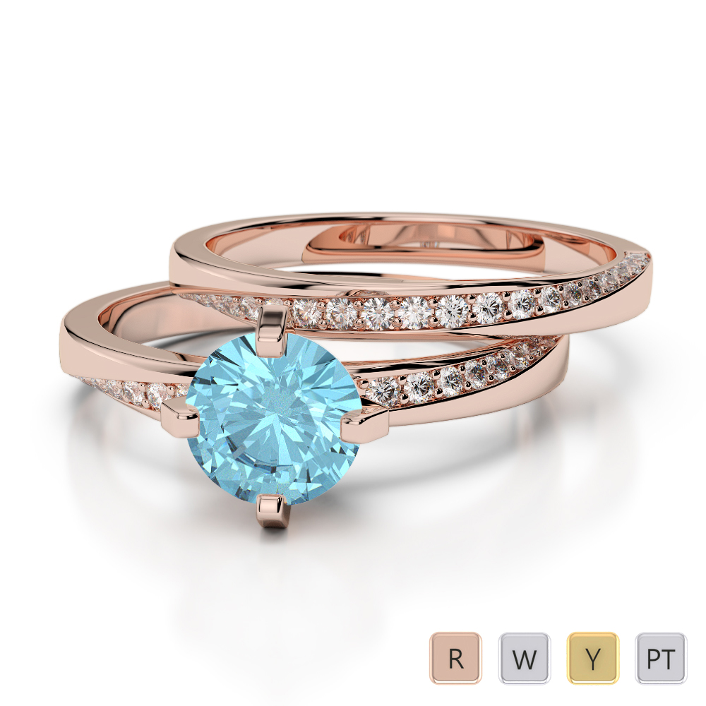 Gold / Platinum Round cut Aquamarine and Diamond Bridal Set Ring AGDR-2001