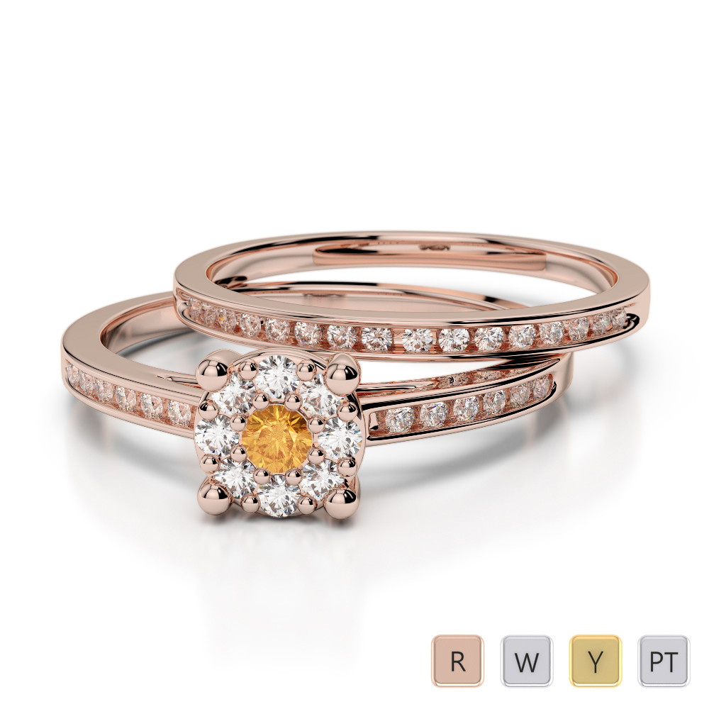 Gold / Platinum Round cut Citrine and Diamond Bridal Set Ring AGDR-1052
