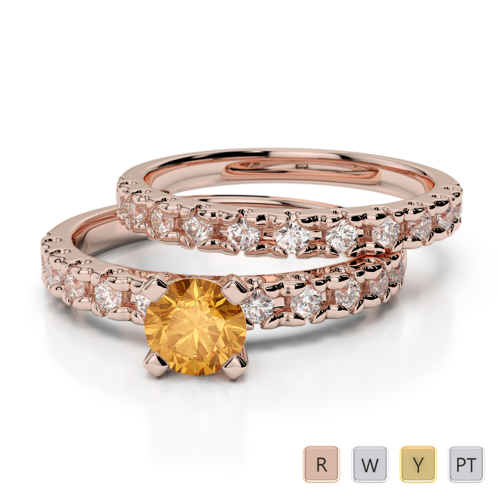 Gold / Platinum Round cut Citrine and Diamond Bridal Set Ring AGDR-1144