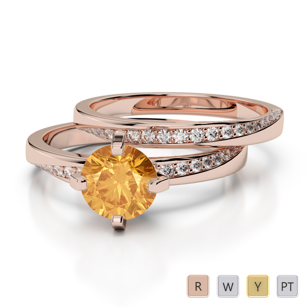 Gold / Platinum Round cut Citrine and Diamond Bridal Set Ring AGDR-2001