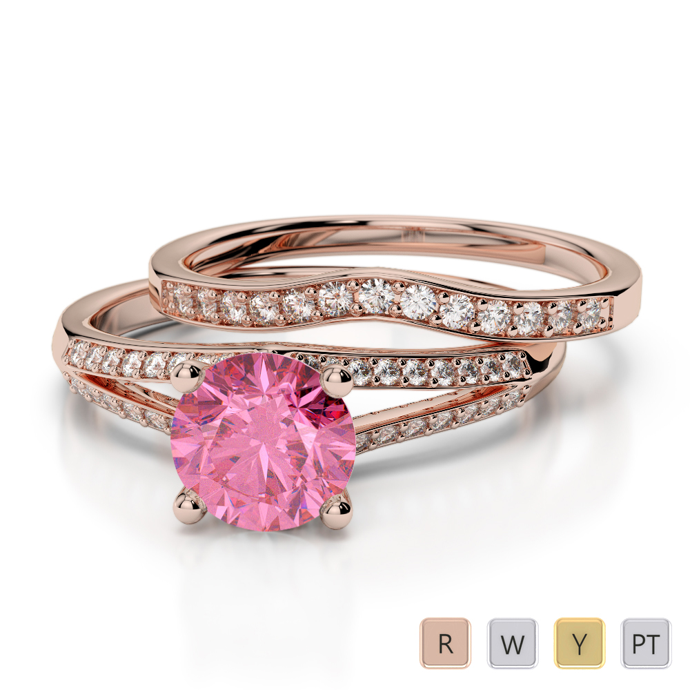 Gold / Platinum Round cut Pink Tourmaline and Diamond Bridal Set Ring AGDR-2037