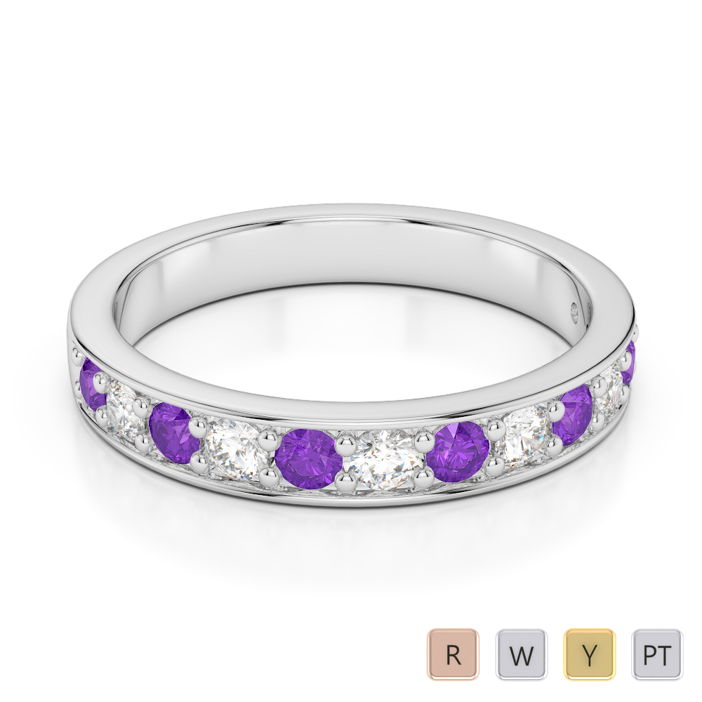 3 MM Gold / Platinum Round Cut Amethyst and Diamond Half Eternity Ring AGDR-1084