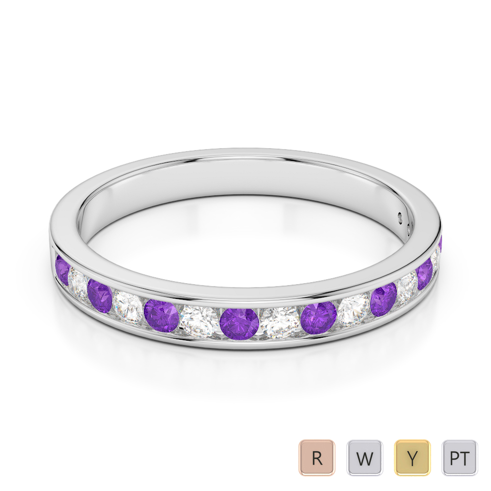 3 MM Gold / Platinum Round Cut Amethyst and Diamond Half Eternity Ring AGDR-1090