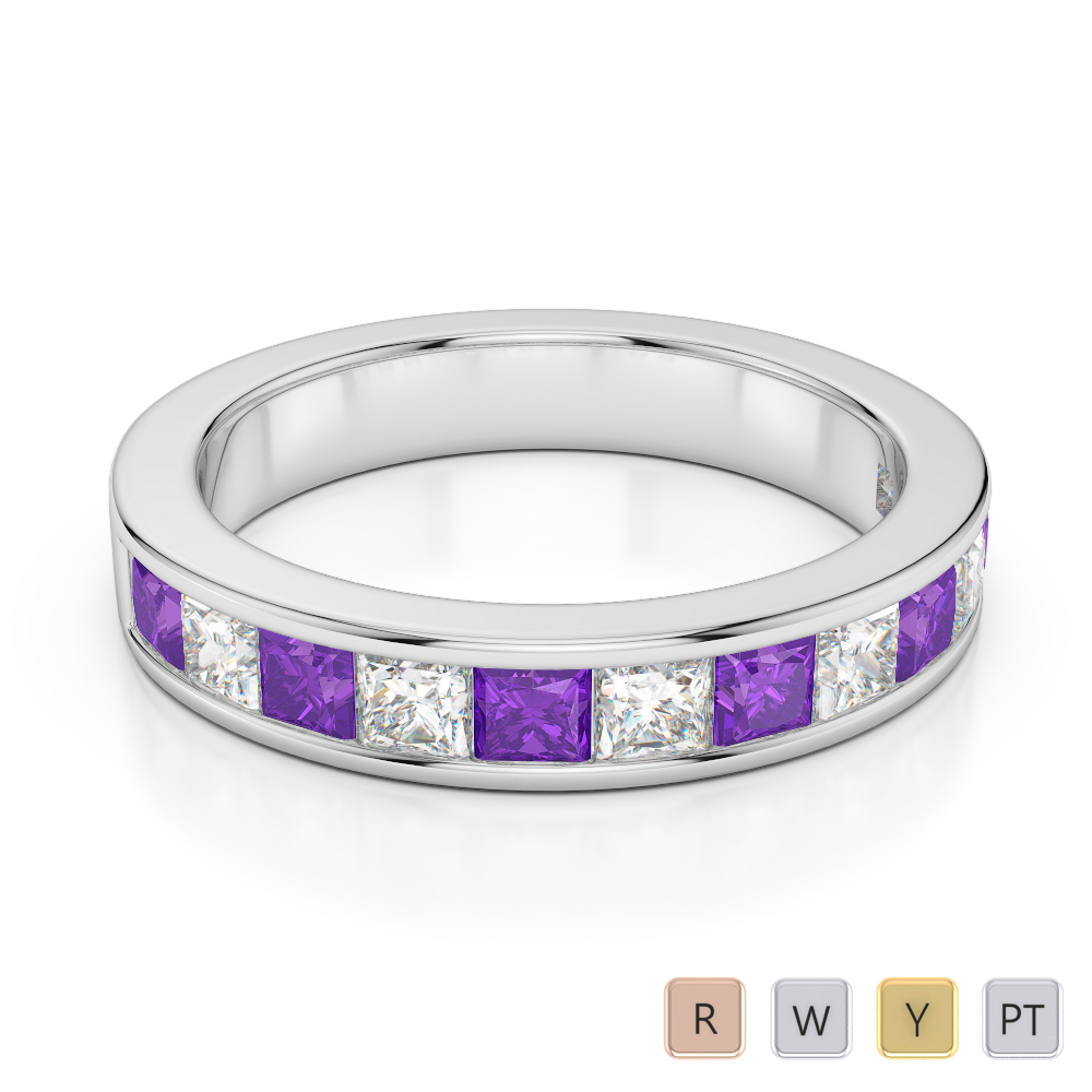 4 MM Gold / Platinum Princess Cut Amethyst and Diamond Half Eternity Ring AGDR-1137