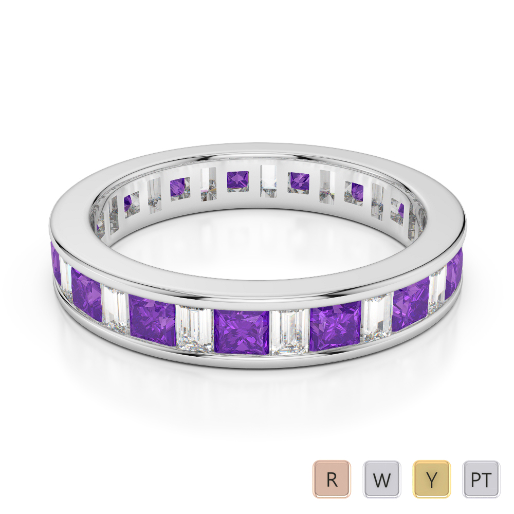 4 MM Gold / Platinum Princess and Baguette Cut Amethyst and Diamond Full Eternity Ring AGDR-1141