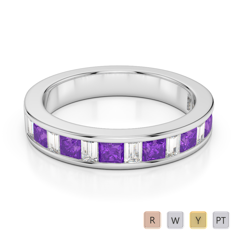 4 MM Gold / Platinum Princess and Baguette Cut Amethyst and Diamond Half Eternity Ring AGDR-1143