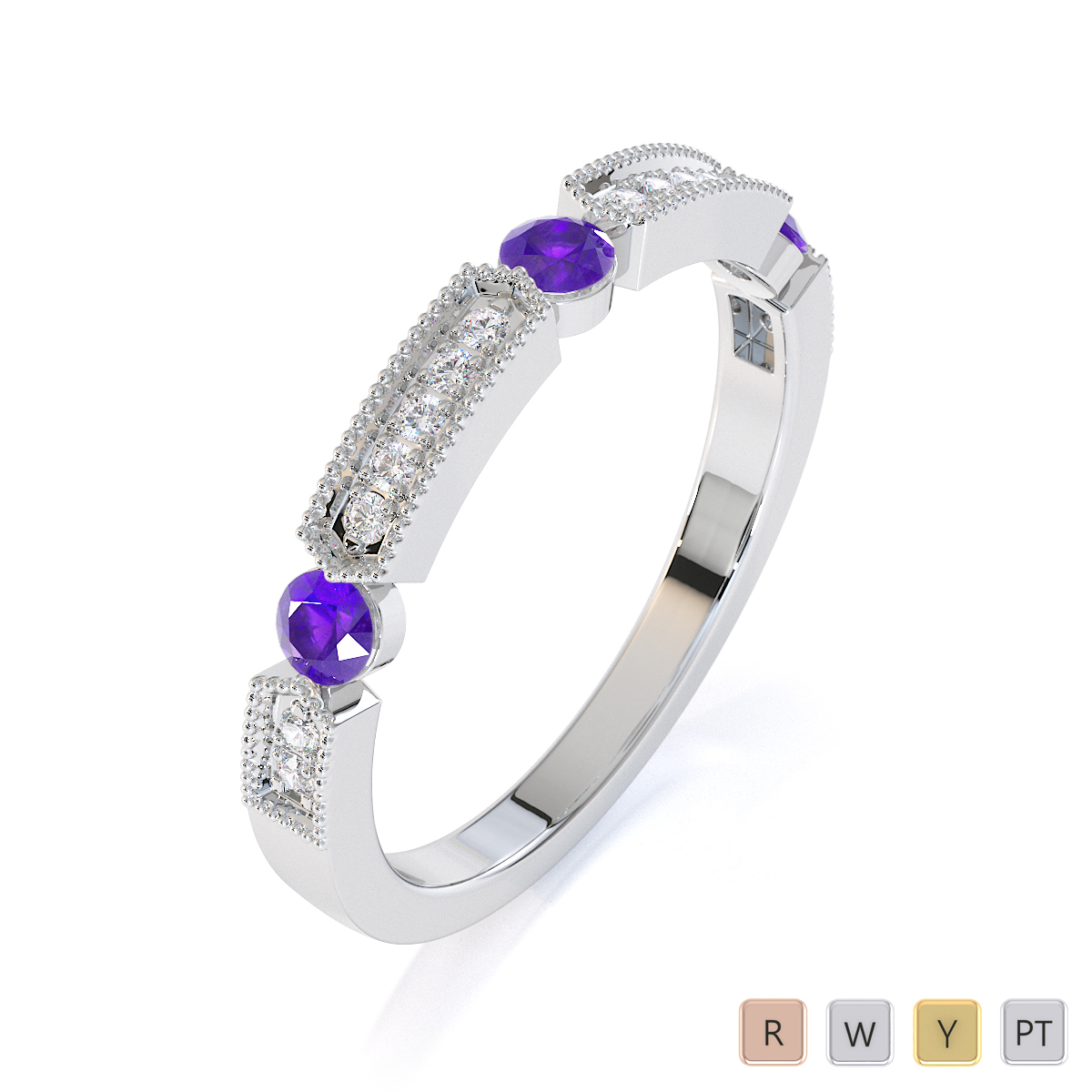 Gold / Platinum Amethyst and Diamond Half Eternity Ring RZ1501