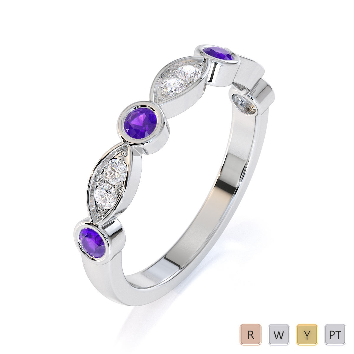Gold / Platinum Amethyst and Diamond Half Eternity Ring RZ1511