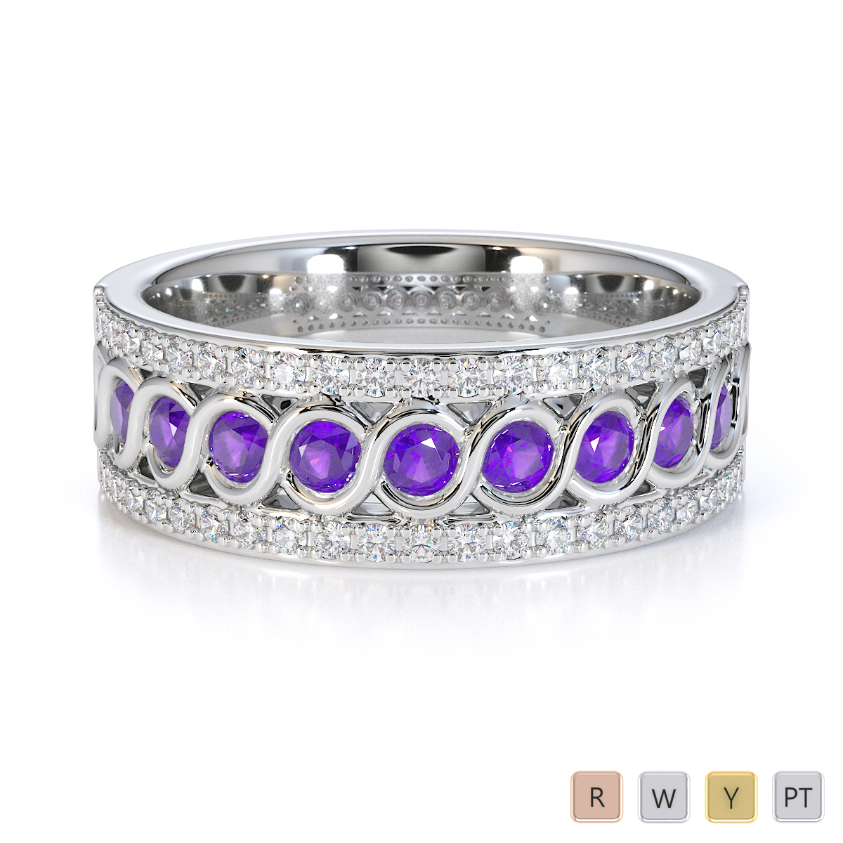 Gold / Platinum Amethyst and Diamond Half Eternity Ring RZ1525