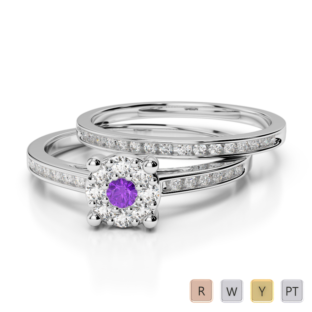 Gold / Platinum Round cut Amethyst and Diamond Bridal Set Ring AGDR-1052