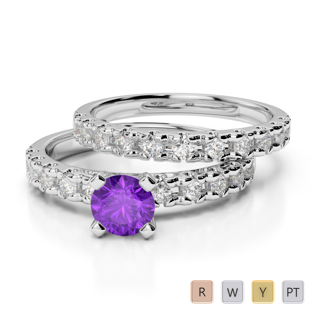 Gold / Platinum Round cut Amethyst and Diamond Bridal Set Ring AGDR-1144