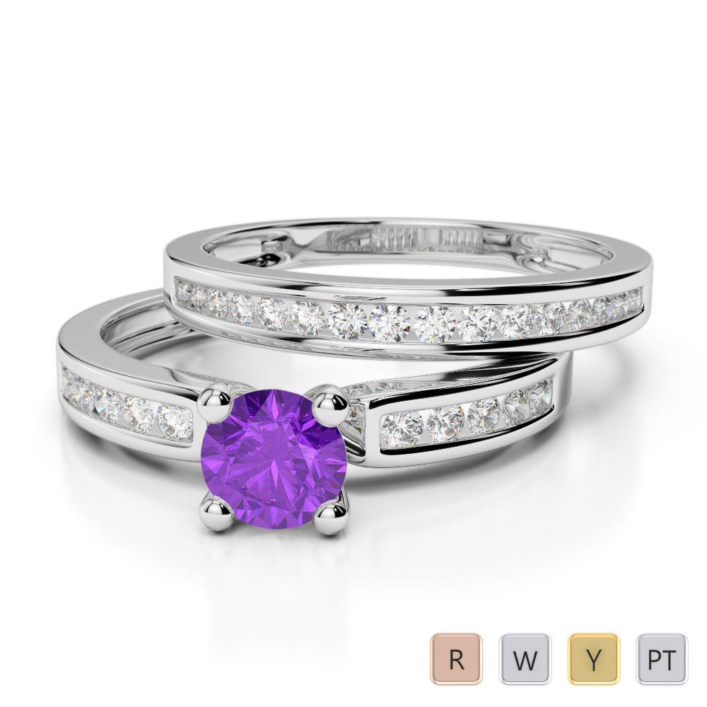 Gold / Platinum Round cut Amethyst and Diamond Bridal Set Ring AGDR-1157