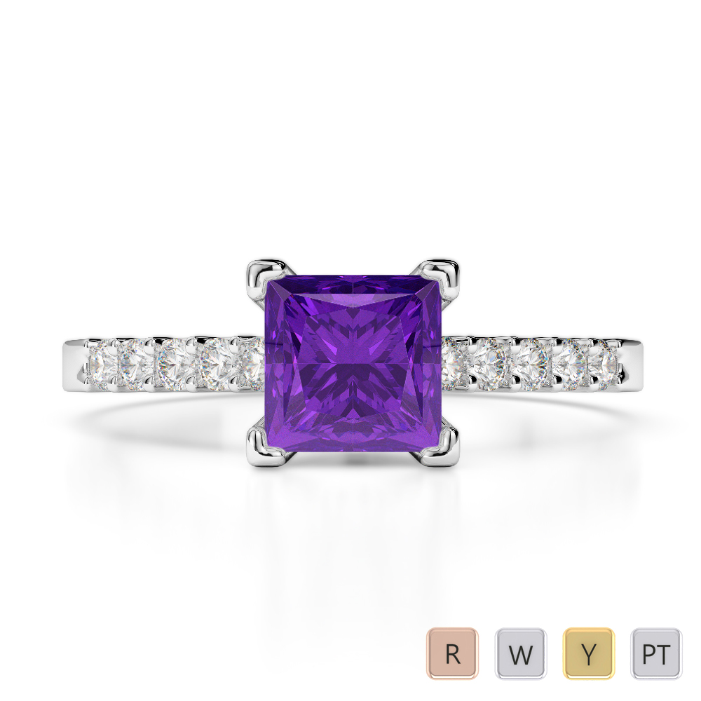 Gold / Platinum Round and Princess Cut Amethyst and Diamond Engagement Ring AGDR-1210