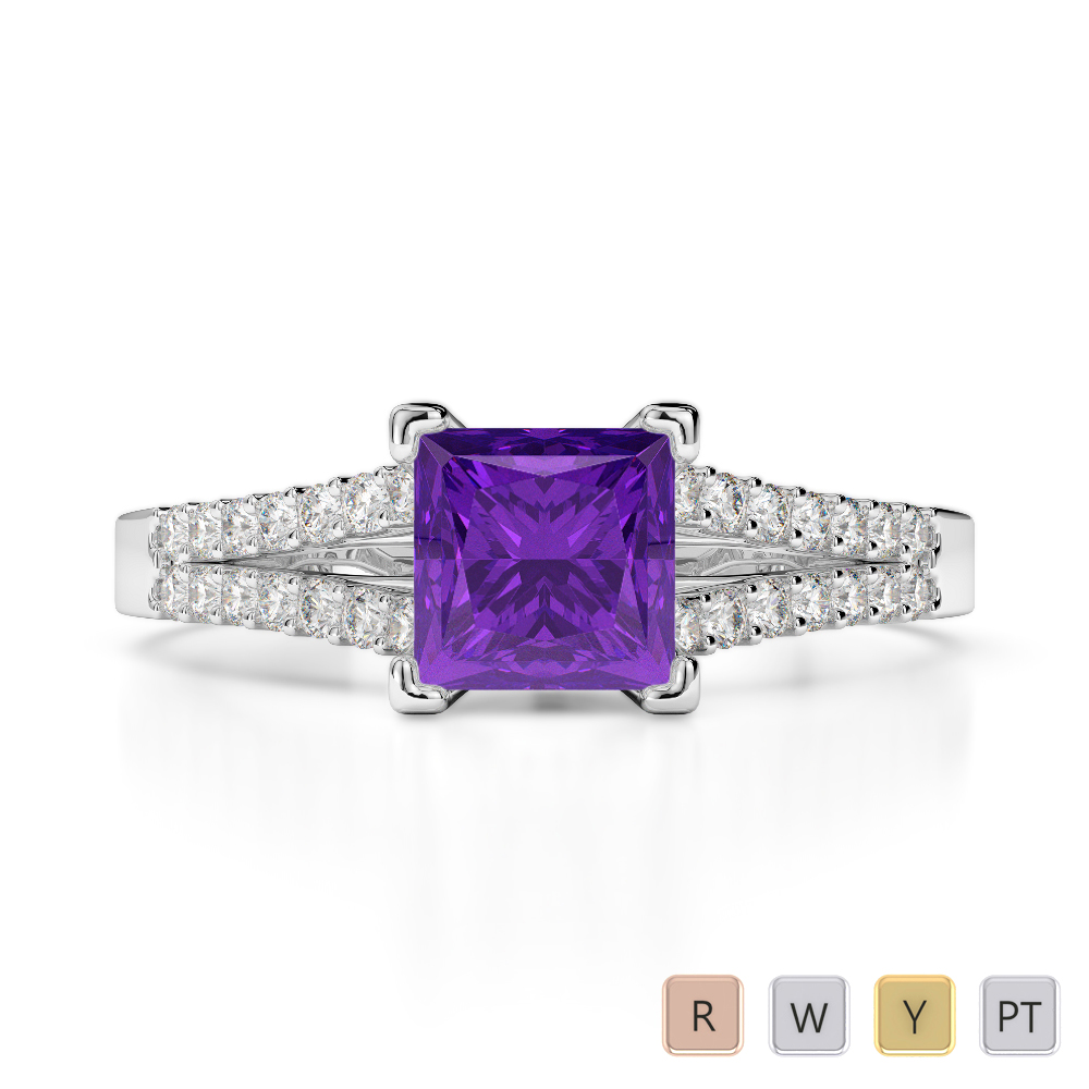 Gold / Platinum Round and Princess Cut Amethyst and Diamond Engagement Ring AGDR-1211