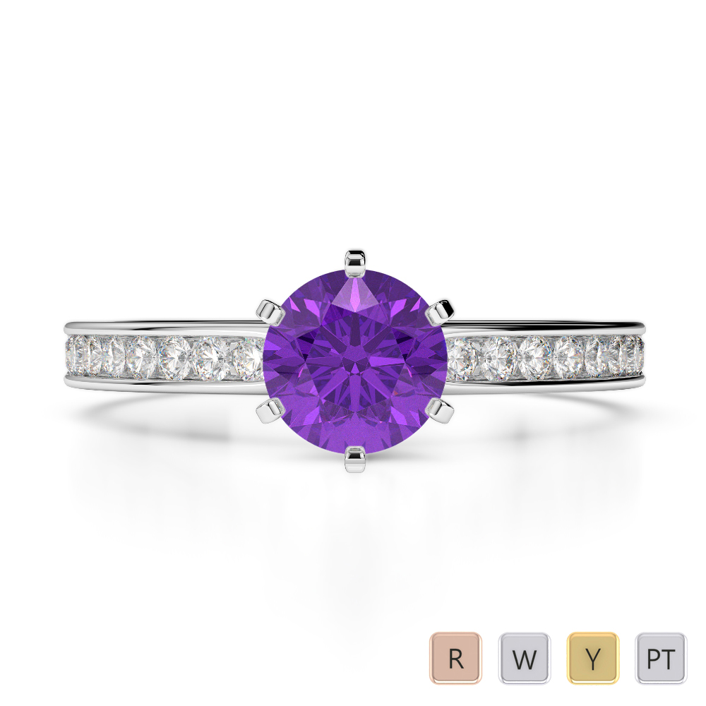 Gold / Platinum Round Cut Amethyst and Diamond Engagement Ring AGDR-1214