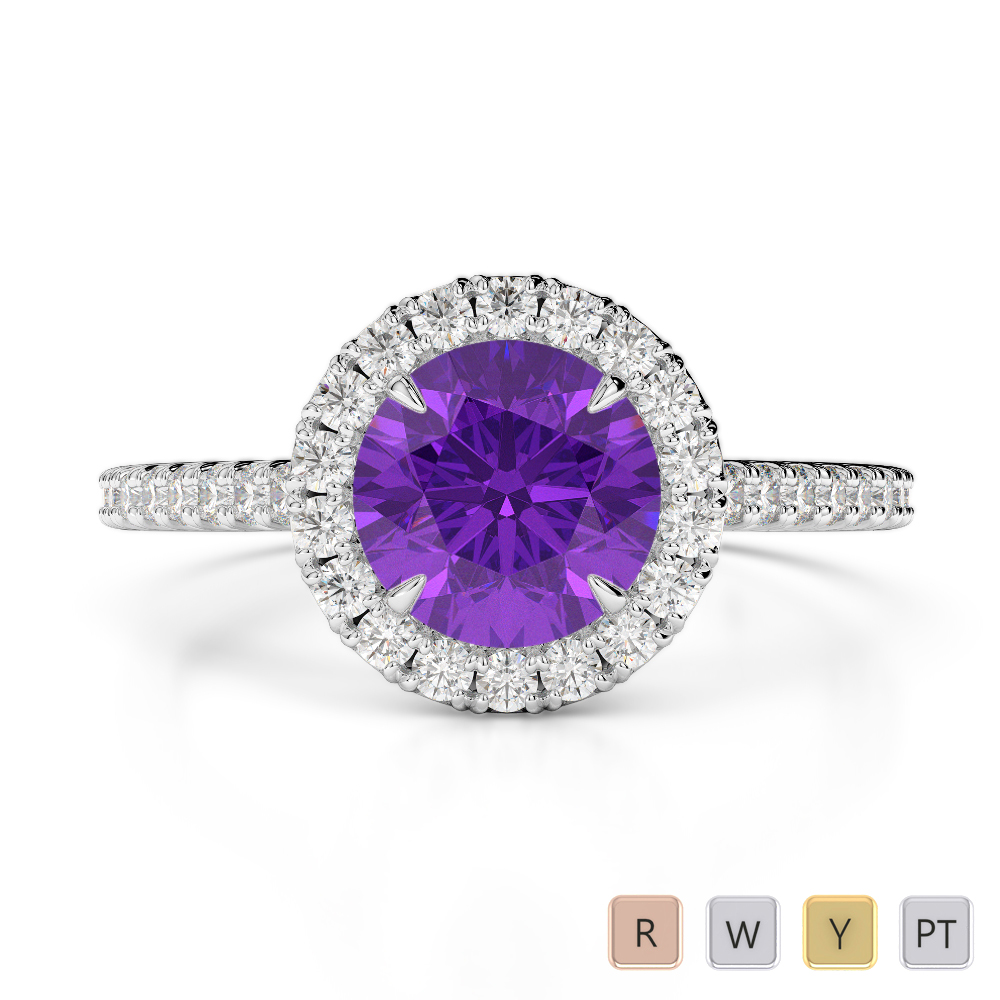 Gold / Platinum Round Cut Amethyst and Diamond Engagement Ring AGDR-1215