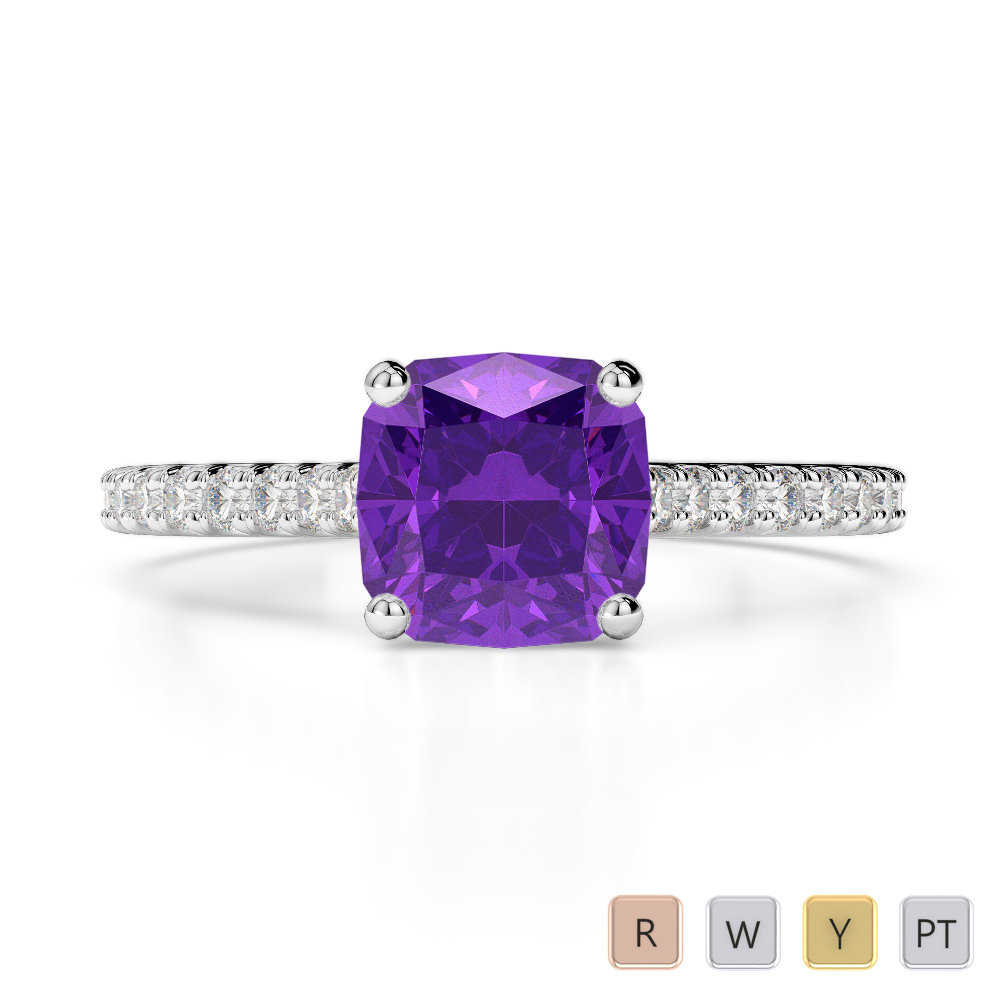 Gold / Platinum Round and Cushion Cut Amethyst and Diamond Engagement Ring AGDR-1216