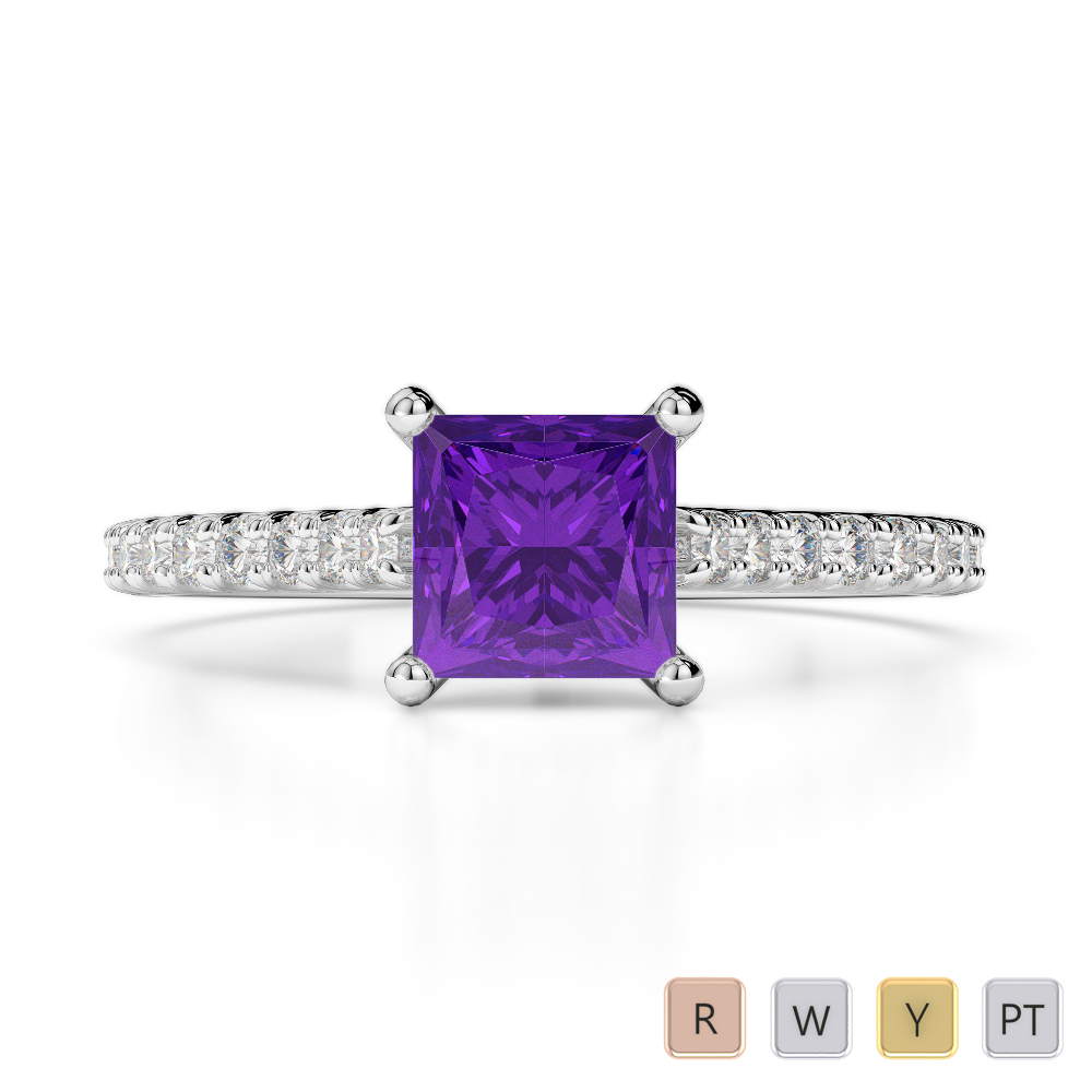 Gold / Platinum Round and Princess Cut Amethyst and Diamond Engagement Ring AGDR-1217