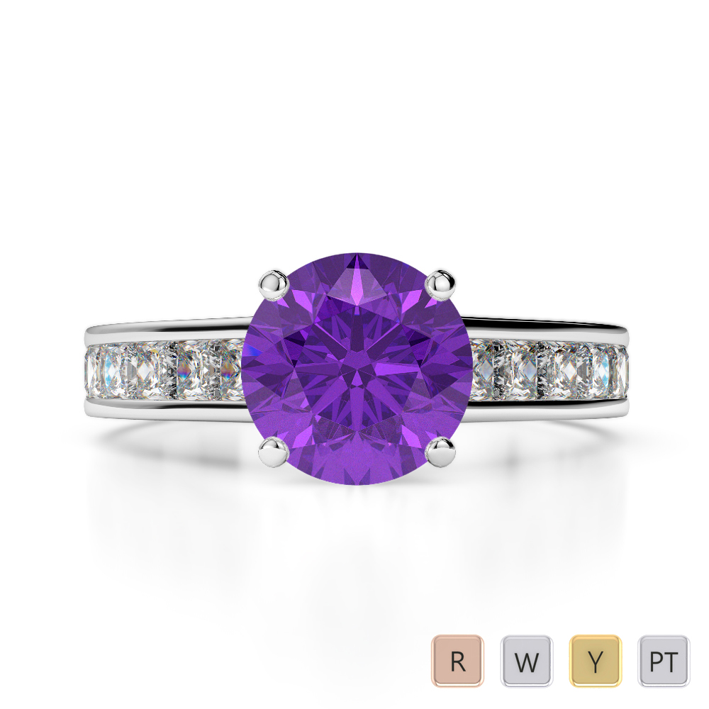 Gold / Platinum Round and Princess Cut Amethyst and Diamond Engagement Ring AGDR-1224