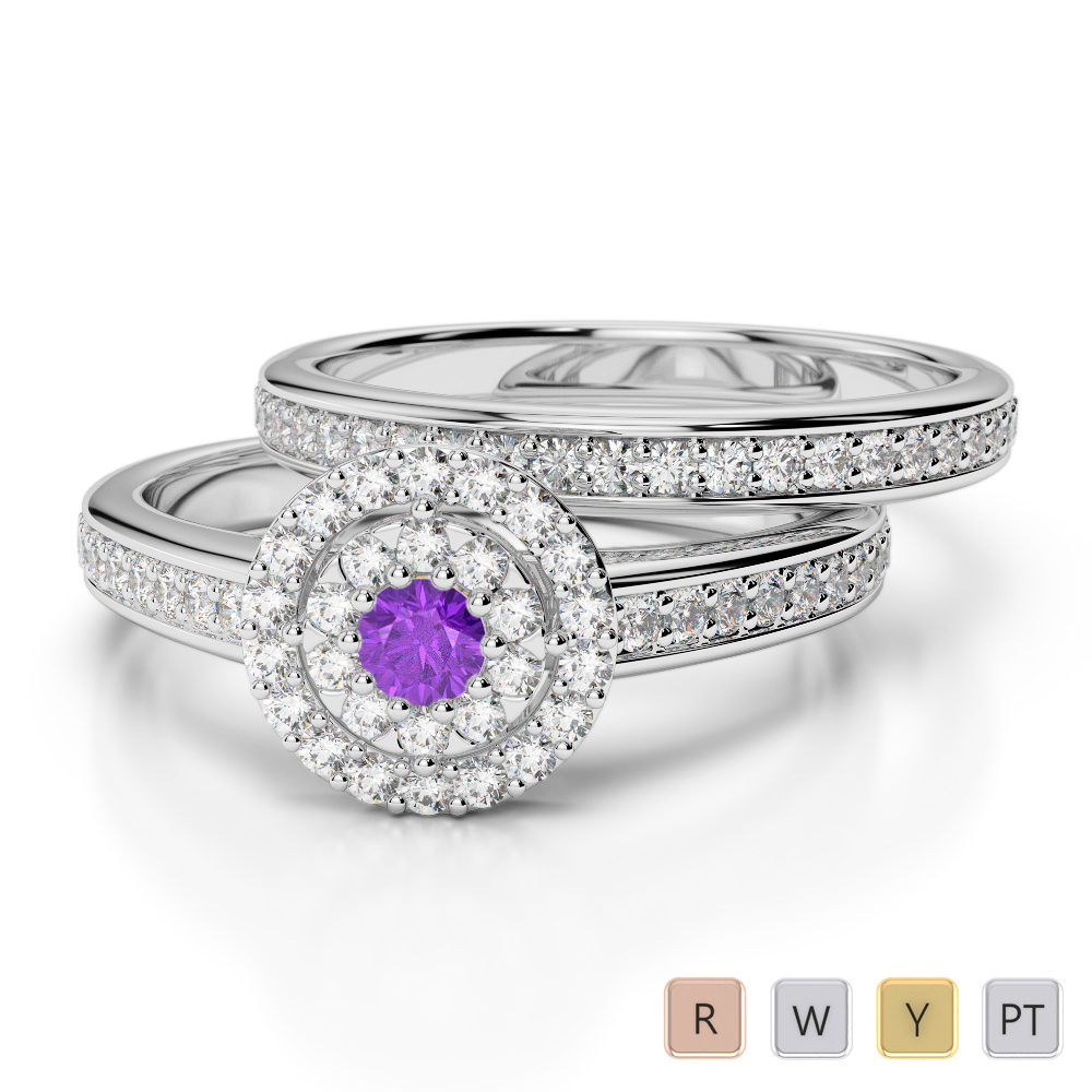 Gold / Platinum Round cut Amethyst and Diamond Bridal Set Ring AGDR-1239