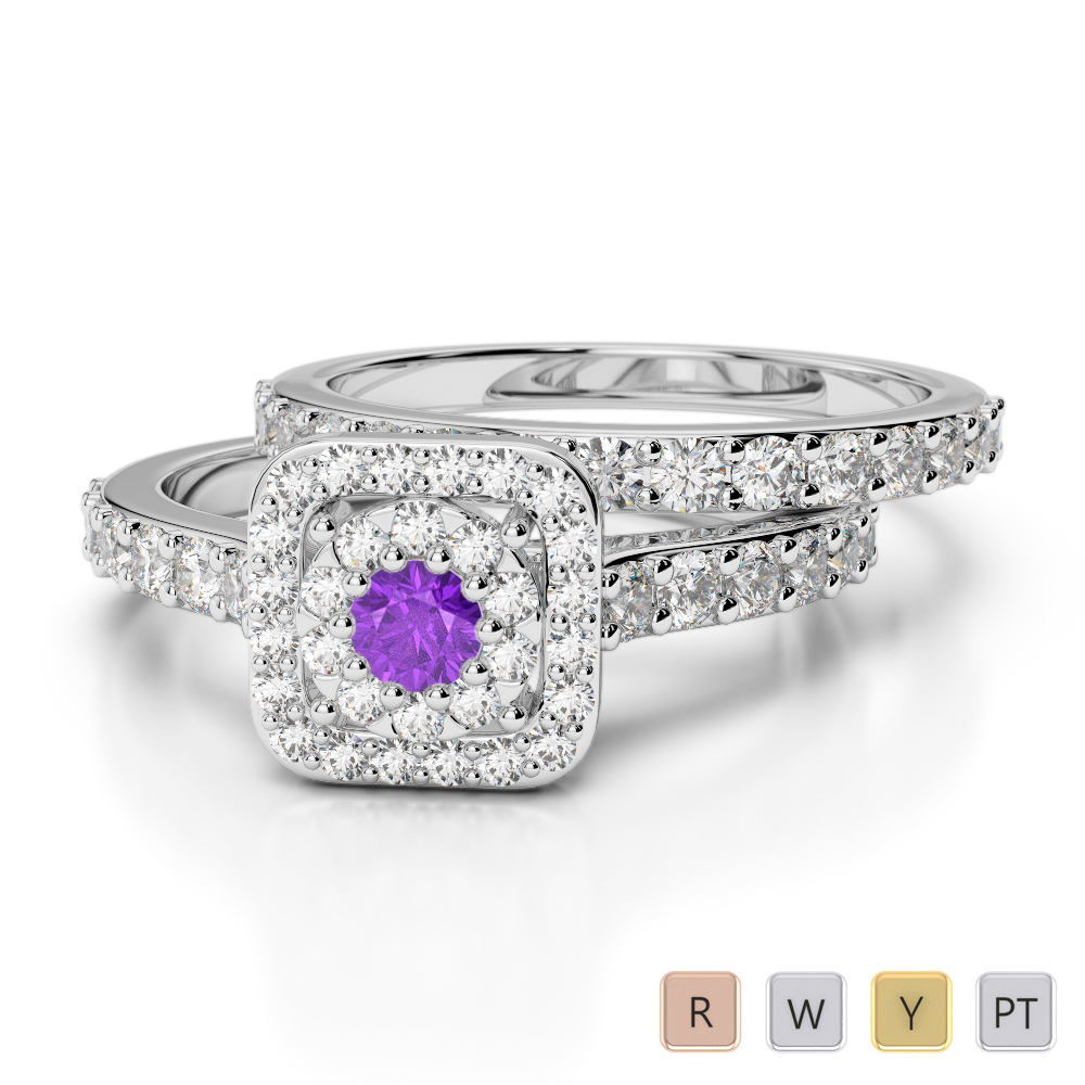 Gold / Platinum Round cut Amethyst and Diamond Bridal Set Ring AGDR-1246