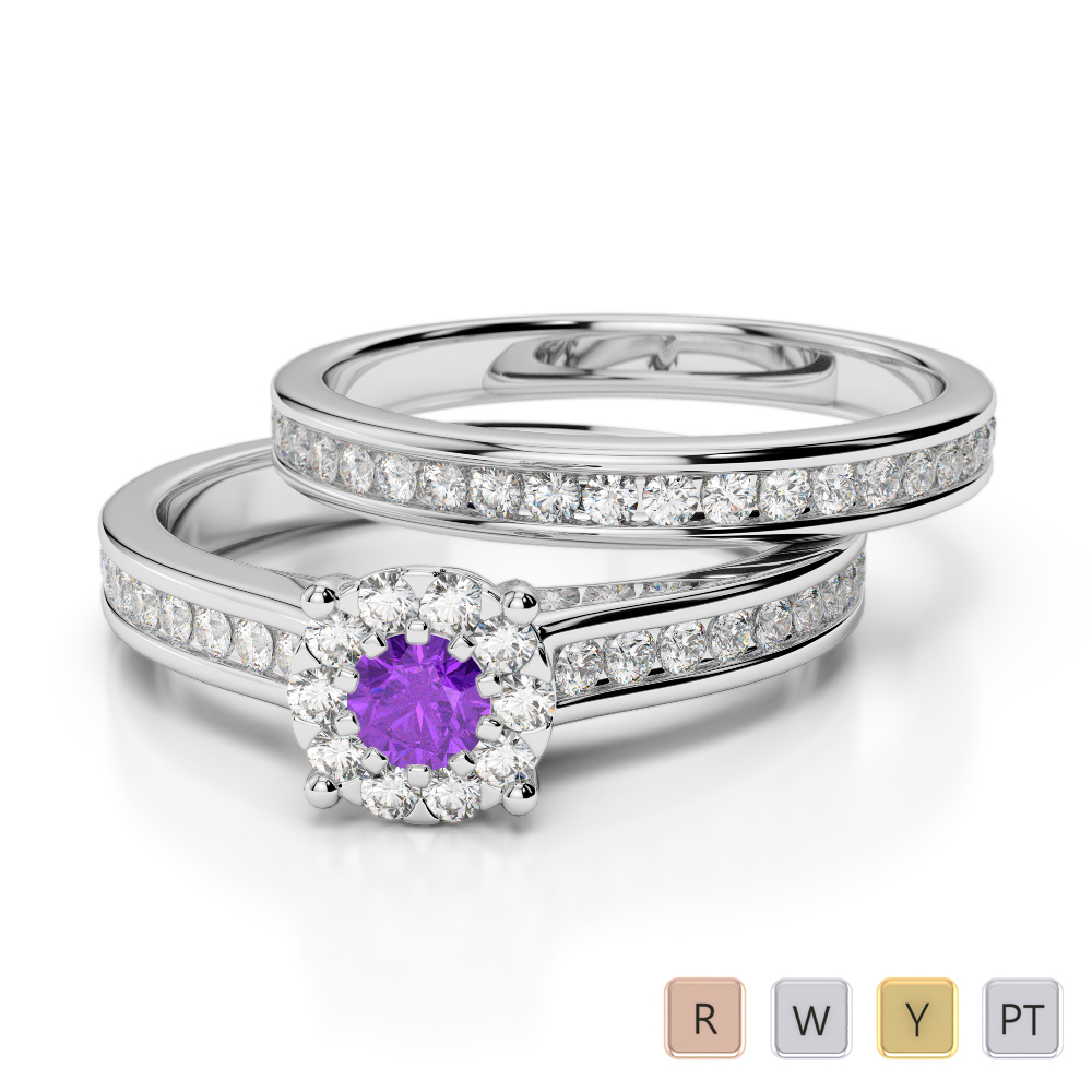 Gold / Platinum Round cut Amethyst and Diamond Bridal Set Ring AGDR-1339