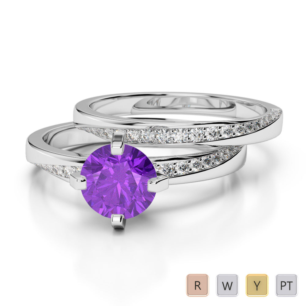 Gold / Platinum Round cut Amethyst and Diamond Bridal Set Ring AGDR-2001