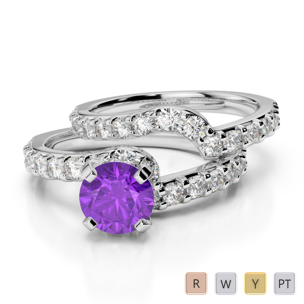 Gold / Platinum Round cut Amethyst and Diamond Bridal Set Ring AGDR-2003