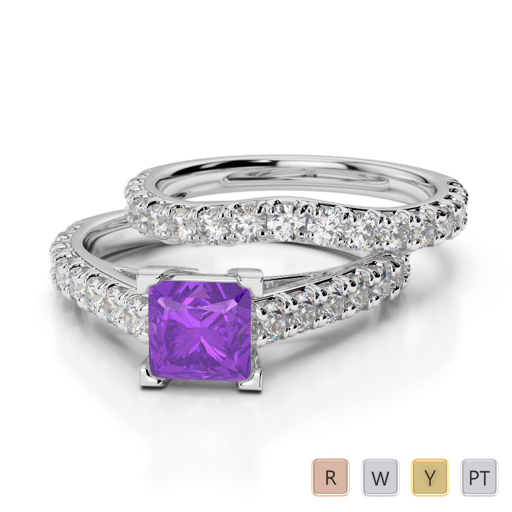 Gold / Platinum Round and Princess cut Amethyst and Diamond Bridal Set Ring AGDR-2007