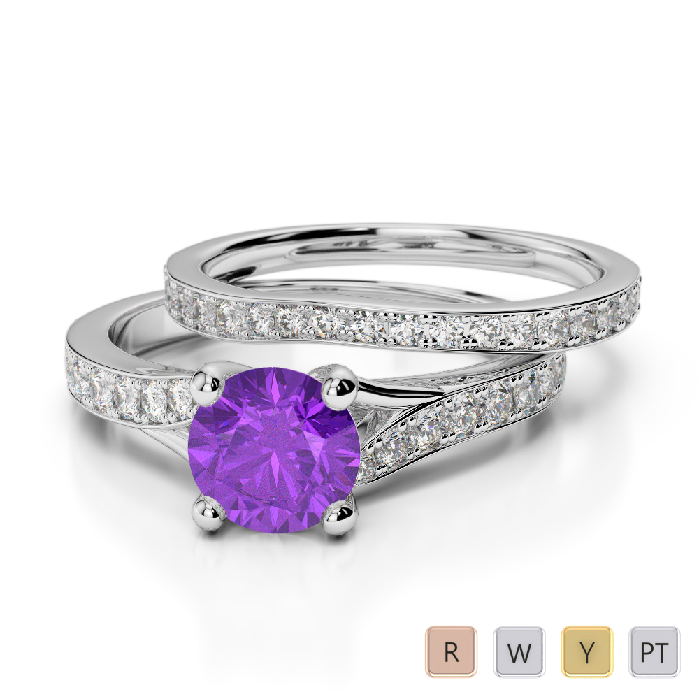 Gold / Platinum Round cut Amethyst and Diamond Bridal Set Ring AGDR-2011