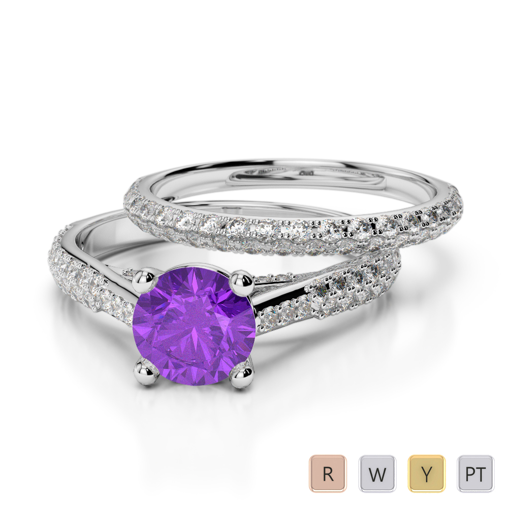 Gold / Platinum Round cut Amethyst and Diamond Bridal Set Ring AGDR-2013