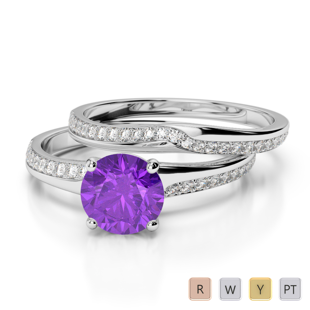 Gold / Platinum Round cut Amethyst and Diamond Bridal Set Ring AGDR-2015
