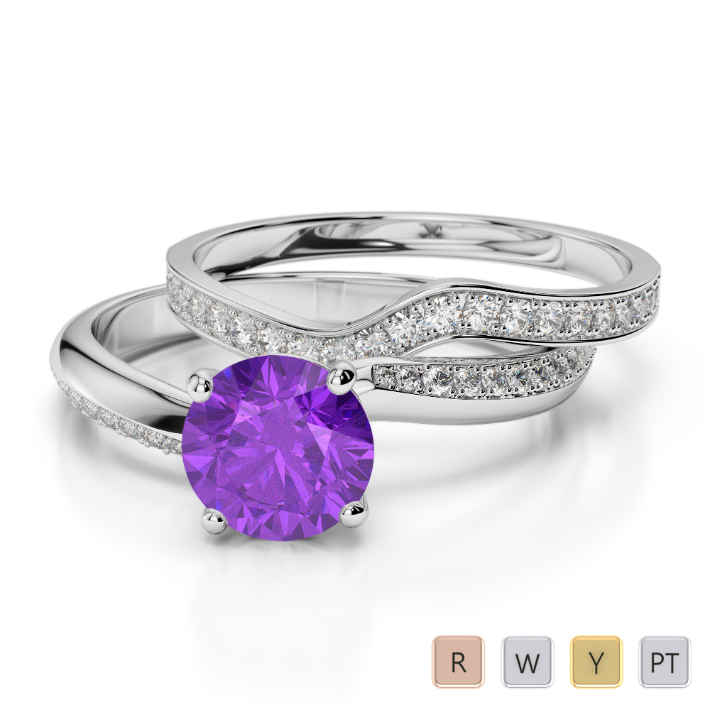 Gold / Platinum Round cut Amethyst and Diamond Bridal Set Ring AGDR-2017
