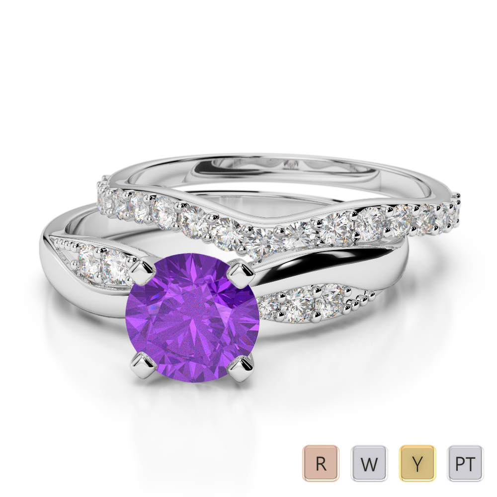 Gold / Platinum Round cut Amethyst and Diamond Bridal Set Ring AGDR-2023