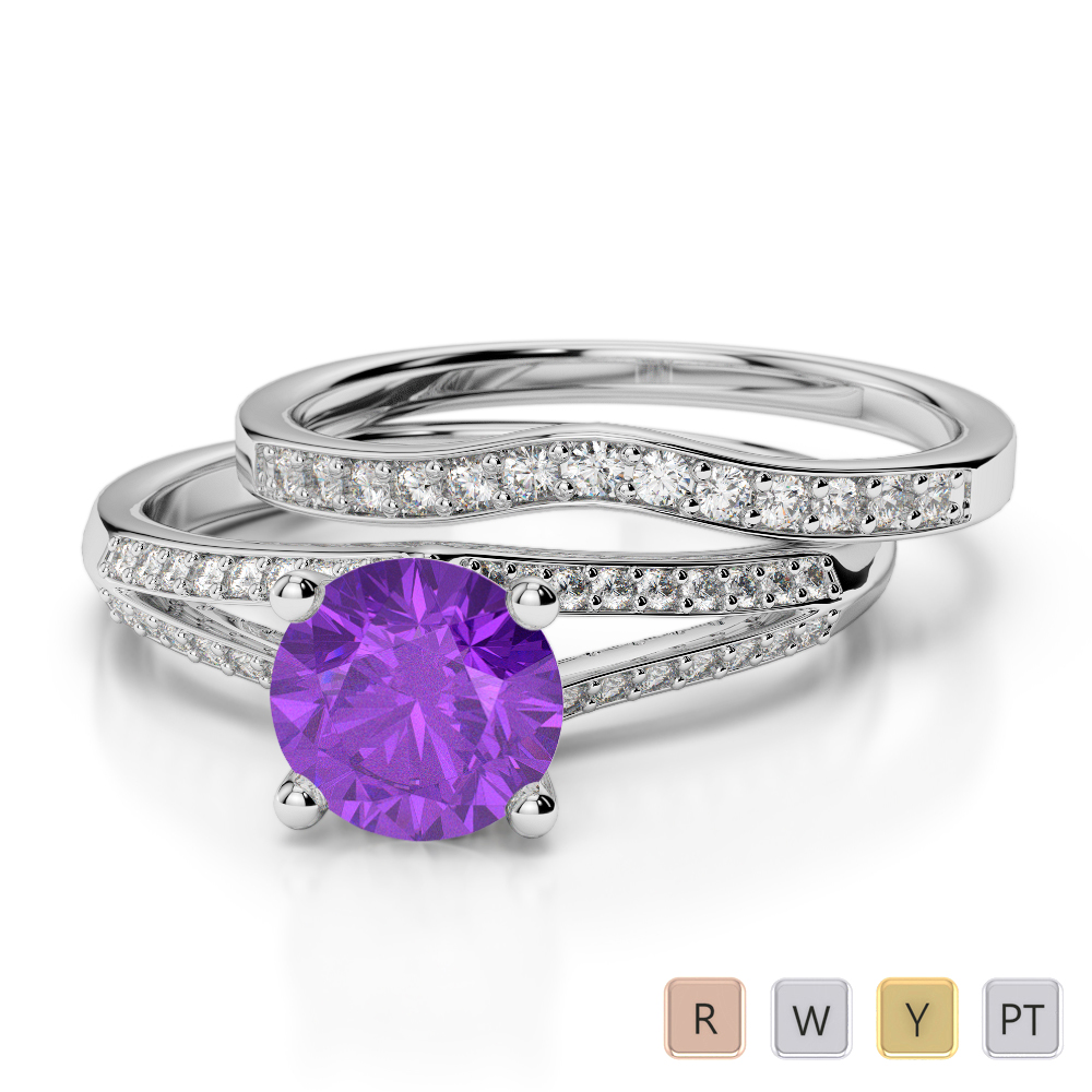 Gold / Platinum Round cut Amethyst and Diamond Bridal Set Ring AGDR-2037