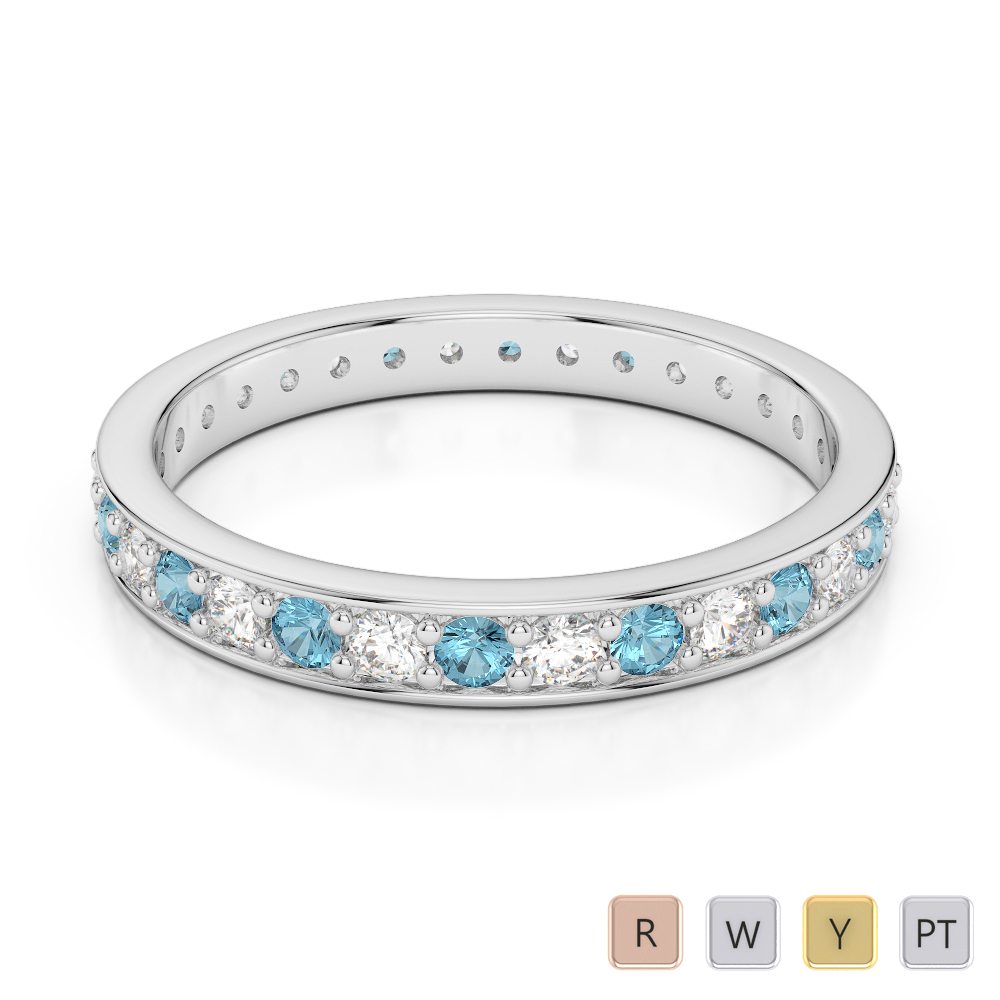 2.5 MM Gold / Platinum Round Cut Aquamarine and Diamond Full Eternity Ring AGDR-1079