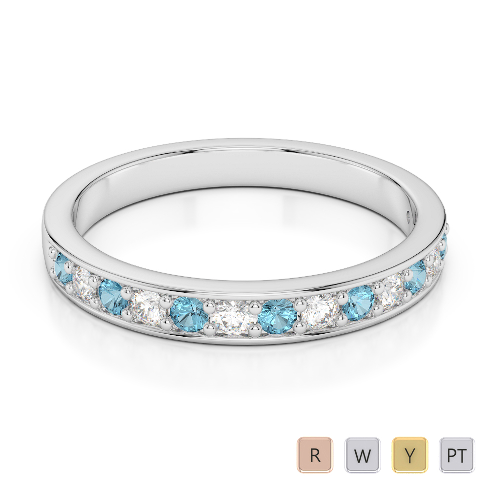 2.5 MM Gold / Platinum Round Cut Aquamarine and Diamond Half Eternity Ring AGDR-1083