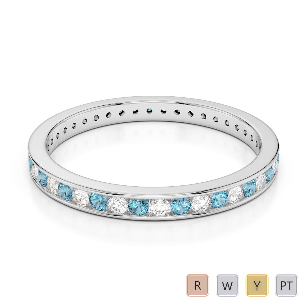 2.5 MM Gold / Platinum Round Cut Aquamarine and Diamond Full Eternity Ring AGDR-1086