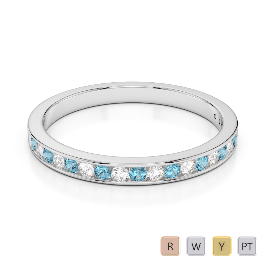 2.5 MM Gold / Platinum Round Cut Aquamarine and Diamond Half Eternity Ring AGDR-1089