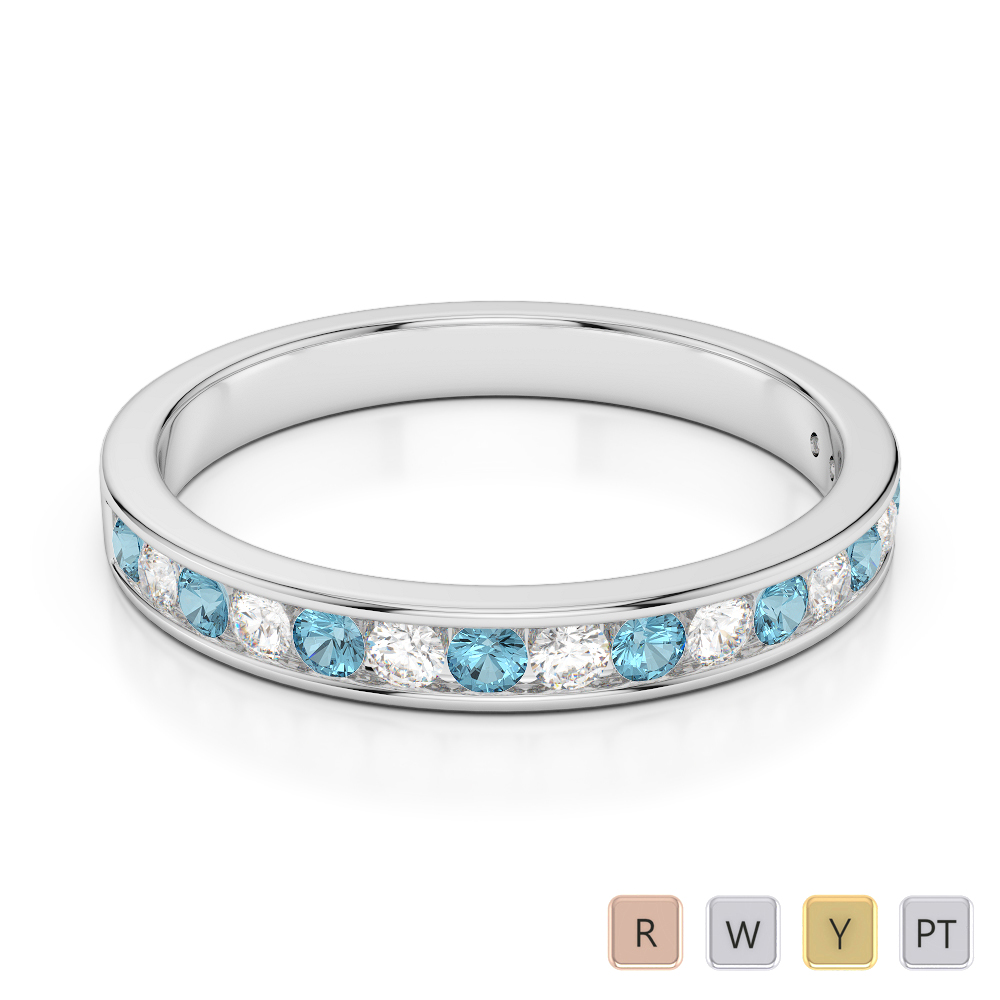 3 MM Gold / Platinum Round Cut Aquamarine and Diamond Half Eternity Ring AGDR-1090