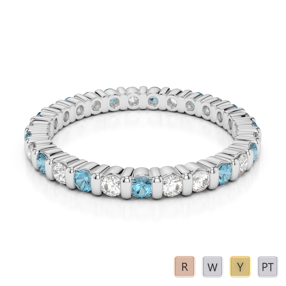 2 MM Gold / Platinum Round Cut Aquamarine and Diamond Full Eternity Ring AGDR-1092