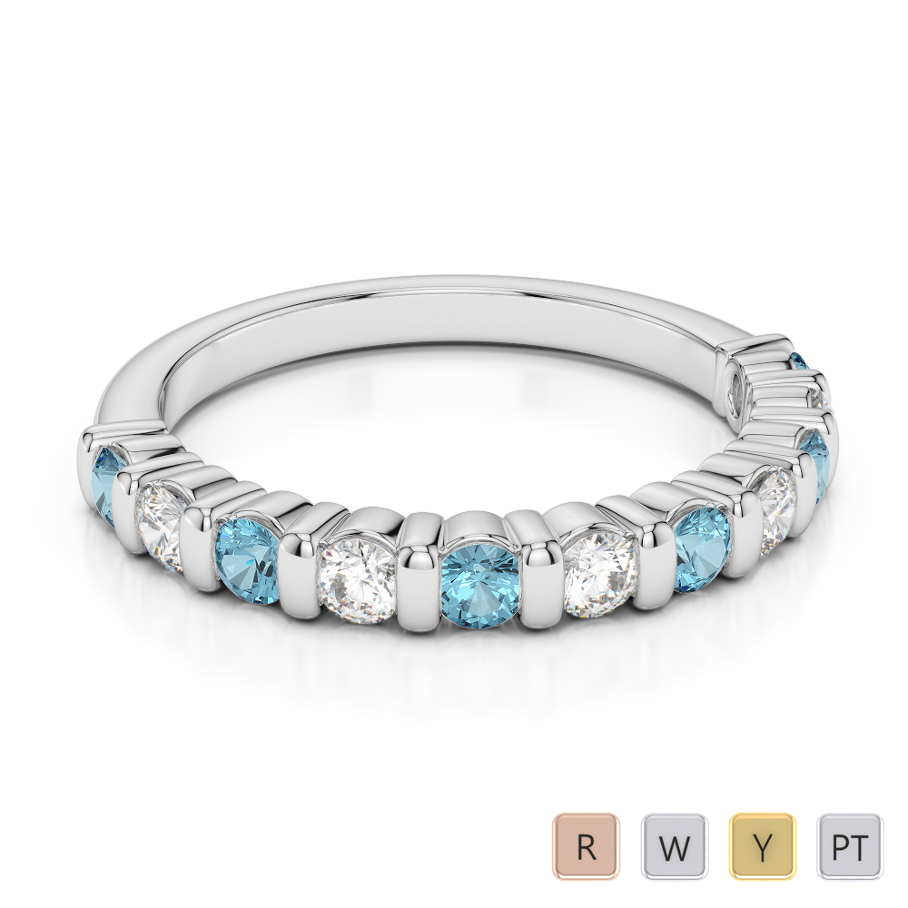 2.5 MM Gold / Platinum Round Cut Aquamarine and Diamond Half Eternity Ring AGDR-1096