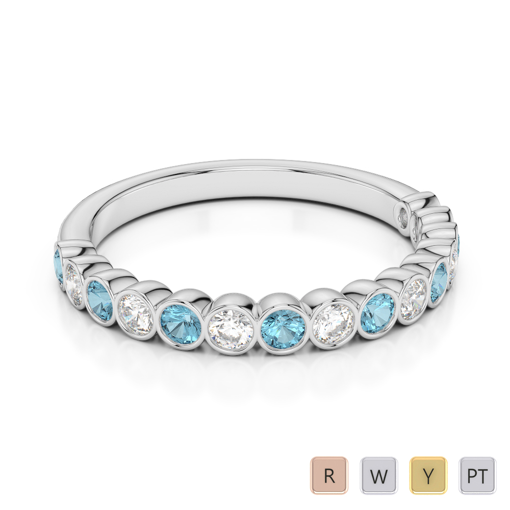 2.5 MM Gold / Platinum Round Cut Aquamarine and Diamond Half Eternity Ring AGDR-1102