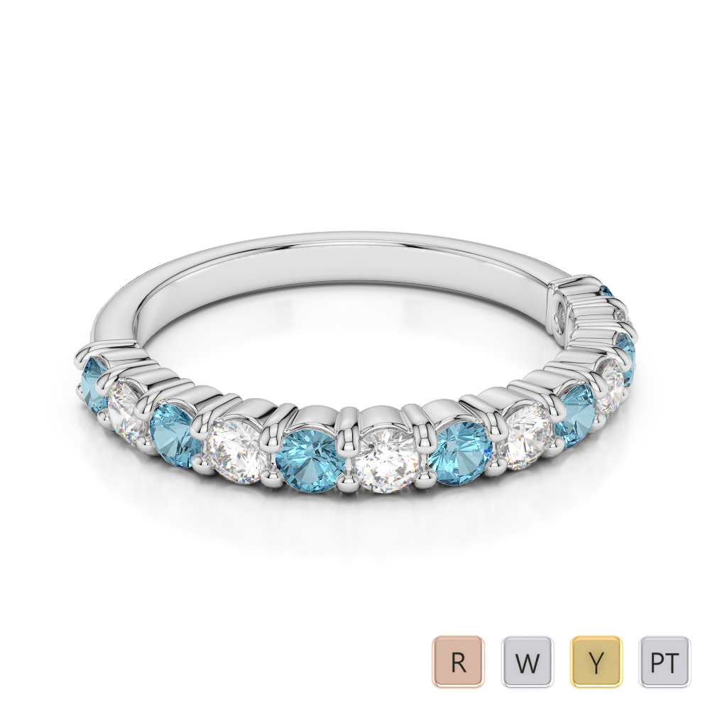 2.5 MM Gold / Platinum Round Cut Aquamarine and Diamond Half Eternity Ring AGDR-1114