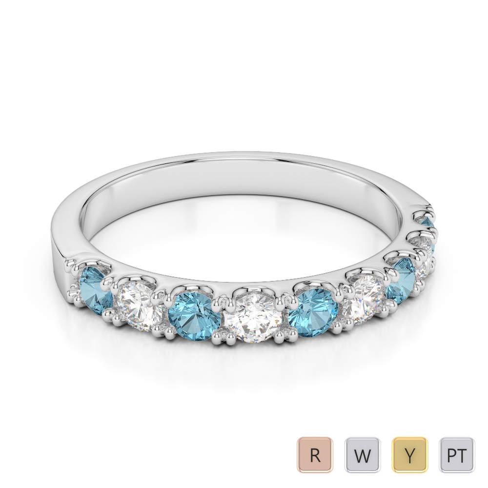 2.5 MM Gold / Platinum Round Cut Aquamarine and Diamond Half Eternity Ring AGDR-1124