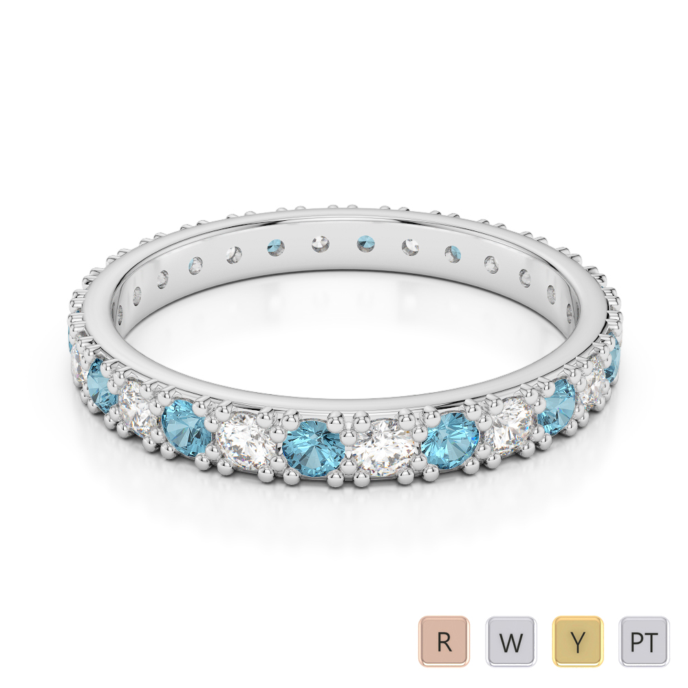 2.5 MM Gold / Platinum Round Cut Aquamarine and Diamond Full Eternity Ring AGDR-1127