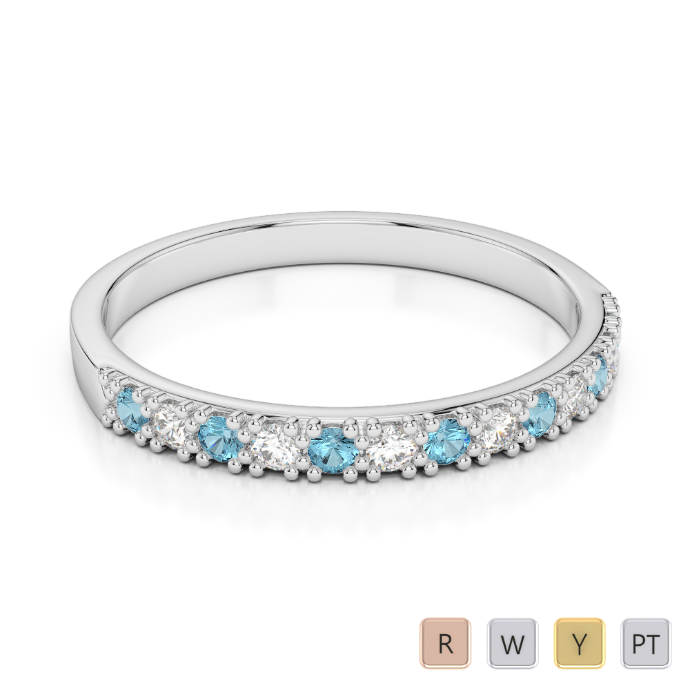 2.5 MM Gold / Platinum Round Cut Aquamarine and Diamond Half Eternity Ring AGDR-1129