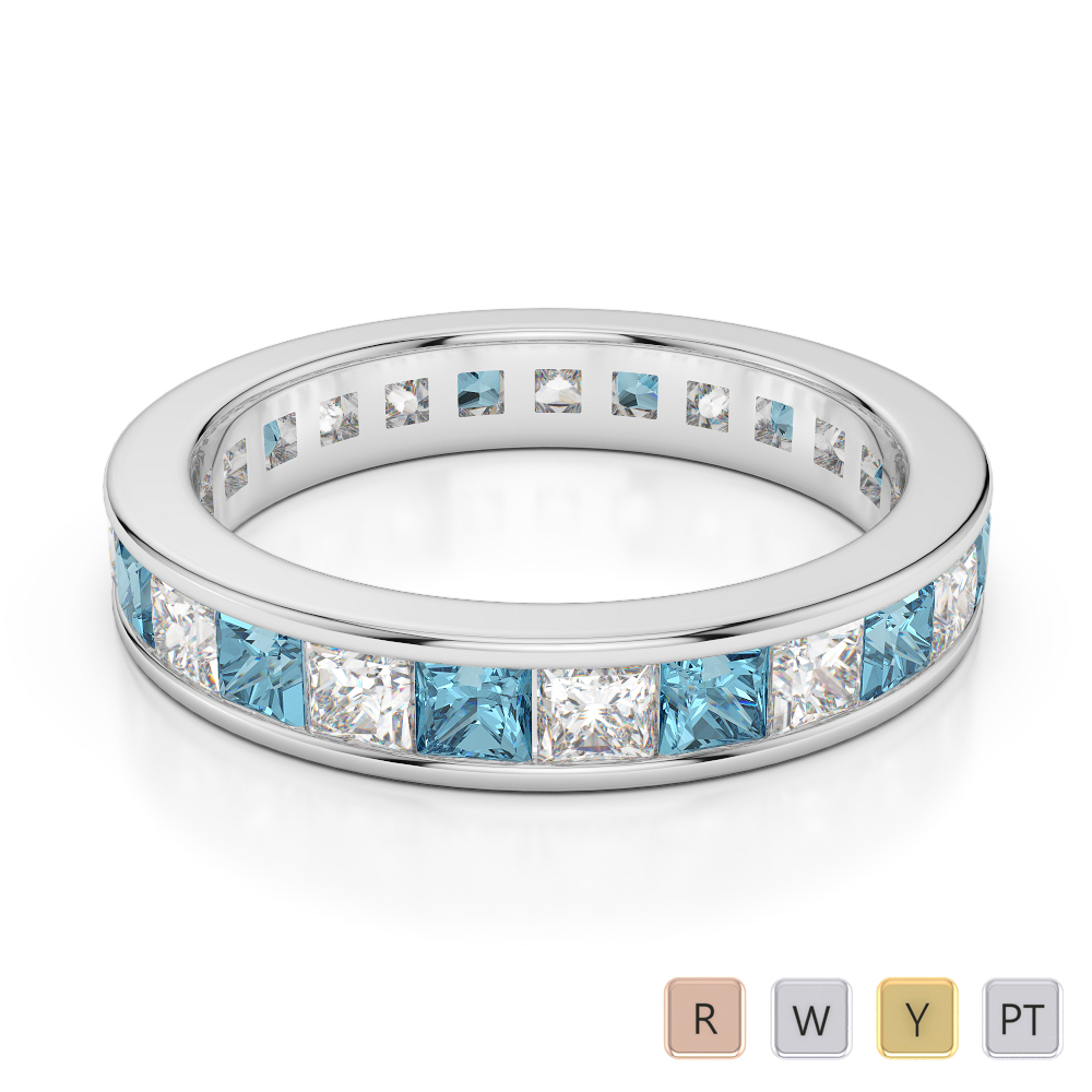 4 MM Gold / Platinum Princess Cut Aquamarine and Diamond Full Eternity Ring AGDR-1134